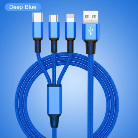 Nabíjecí USB kabel 3v1 s konektory - microUSB, USB-C, lightning-Modrá