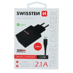 SWISSTEN síťový adapér IC 2x USB 2,1A + DATOVÝ KABEL USB / TYPE C 1,2 M-Černá
