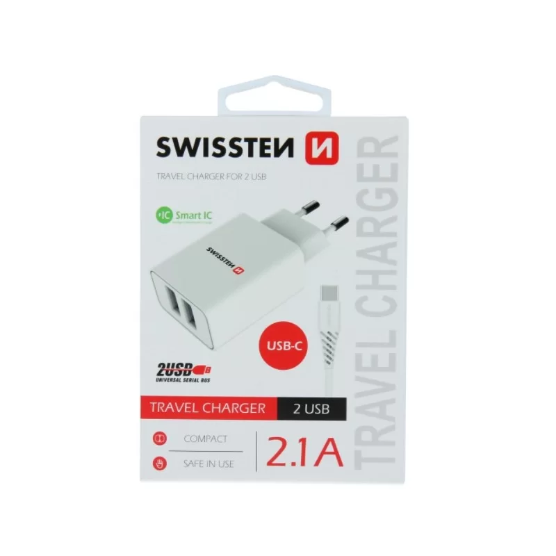 SWISSTEN síťový adapér IC 2x USB 2,1A + DATOVÝ KABEL USB / TYPE C 1,2 M