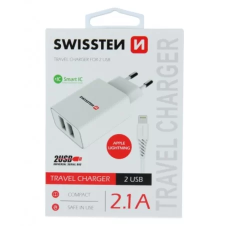 SWISSTEN síťový adapér IC 2x USB 2,1A + DATOVÝ KABEL USB / LIGHTNING 1,2 M