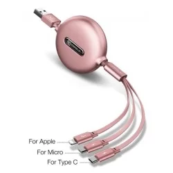 Výsuvný 120cm multi kabel 3v1 s konektory microUSB, USB-C a Lightning-Světlá růžová