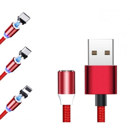 Nabíjecí 1m kabel s magentickými nástavci konektorů microUSB, USB-C, Lightning-Červená