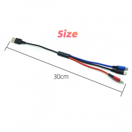 Krátký barevný USB kabel 3v1 - microUSB, USB-C, lightning
