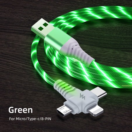 Nabíjecí 3v1 kabel s průtokovým světelným tokem - délka 1m-Zelená