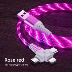 Nabíjecí 3v1 kabel s průtokovým světelným tokem - délka 1m-Růžová