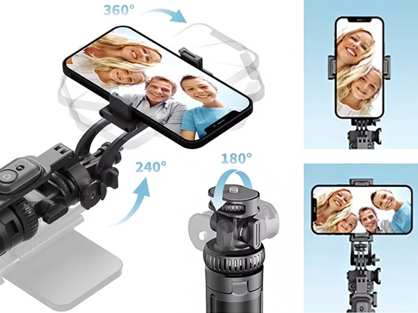 Selfie tyč s důmyslně integrovaným držákem na mobilní telefon